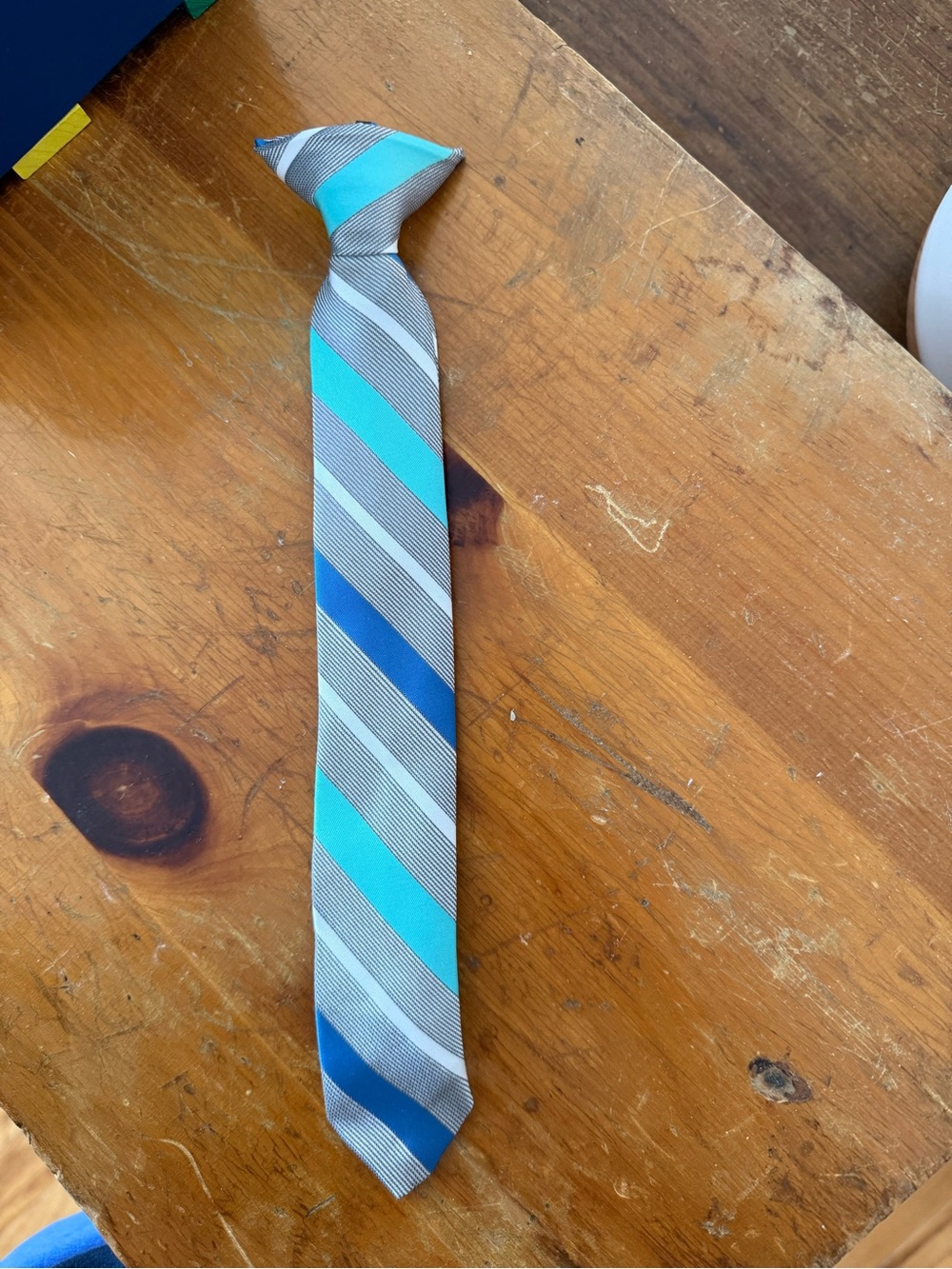 Toddler Boys clip on Striped Neck Tie in Teal, Blue & Gray